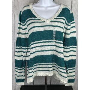 NWT St. John's Bay Womens X-Large LS Sweater Green White Confetti Stripes V-Neck